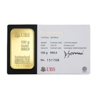 Lingote de oro UBS de 100 gramos