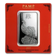 PAMP 100 Gram Lunar Year of the Rooster Silver Bar