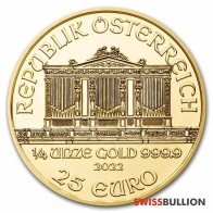 Moneda de oro filarmónica austriaca de 1/4 onza de 2022