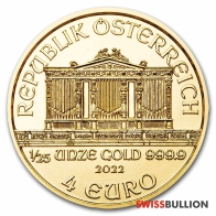 Moneda de oro filarmónica austriaca de 1/25 de onza de 2022