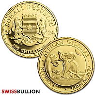 Moneta d'oro somala da 1/10 oncia Elefante 2024