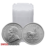 Tubo de 25 x 1 onça de moedas de prata Krugerrand 2024